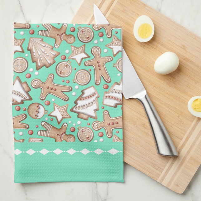 Helgdag Cookies Mönster på Teal Kökshandduk (Vikt i Fjärdedel)