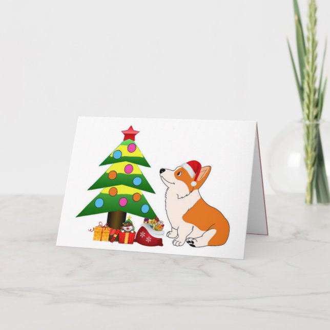 Helgdag Corgi Tecknad med Träd Helgkort (Framsida)
