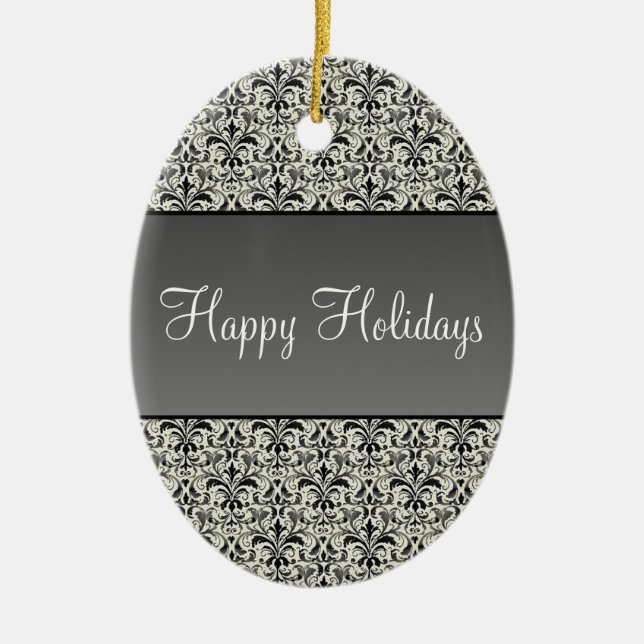 Helgdag Damask Oval jul Ornament, Grått Julgransprydnad Keramik (Framsidan)