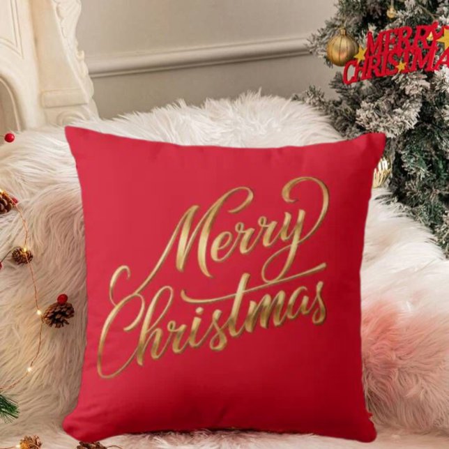 Helgdag Decor för elegant God jul-Guld-skript Kudde (Elegant Merry Christmas-Gold Script Holiday Decor Throw Pillow)