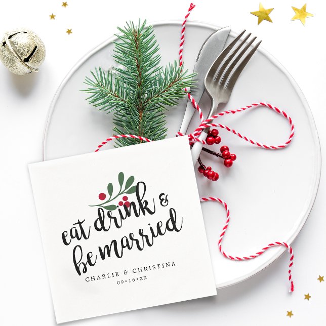 Helgdag Drick och var gift med julberry Pappersservett (Holiday Eat Drink and Be Married Christmas Berries Napkins)