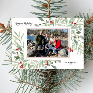 Helgdag Family Photo Collage Botanical Watercolor Julkort