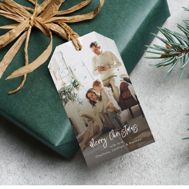 Helgdag Family Photo Script-jul Presentetikett (Family Photo Script Typography Rustic Christmas Gift Tag)