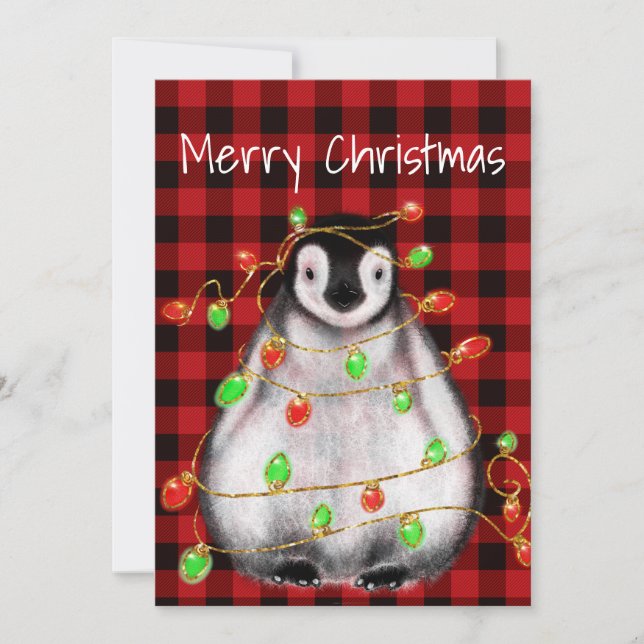 Helgdag Festive Penguin, twinkle red grönt ljus Julkort (Framsida)