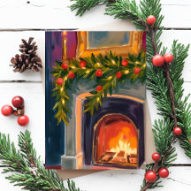 Helgdag Fireplace | Julgarlandfärgat kort