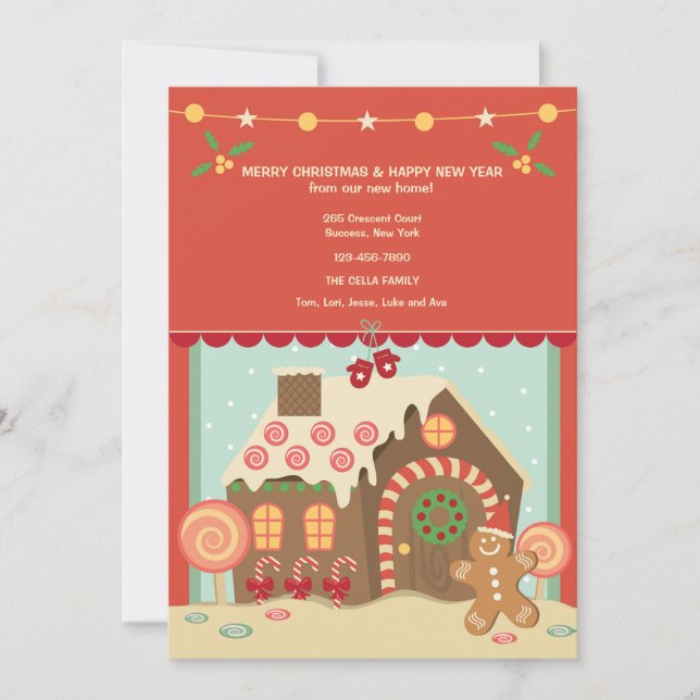 Helgdag Flytta Announement Gingerbröd House Julkort (Framsida)