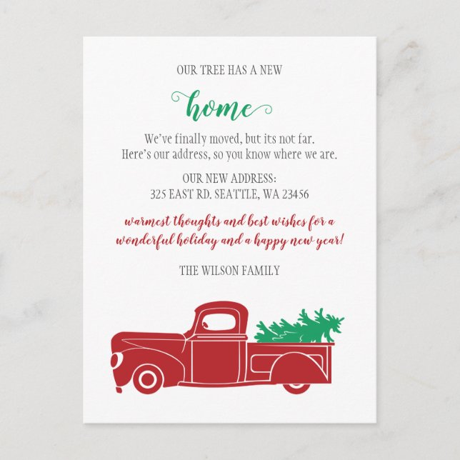 Helgdag Flytta vid julgran Lastbil Vi har flyttat Vykort (Framsida)