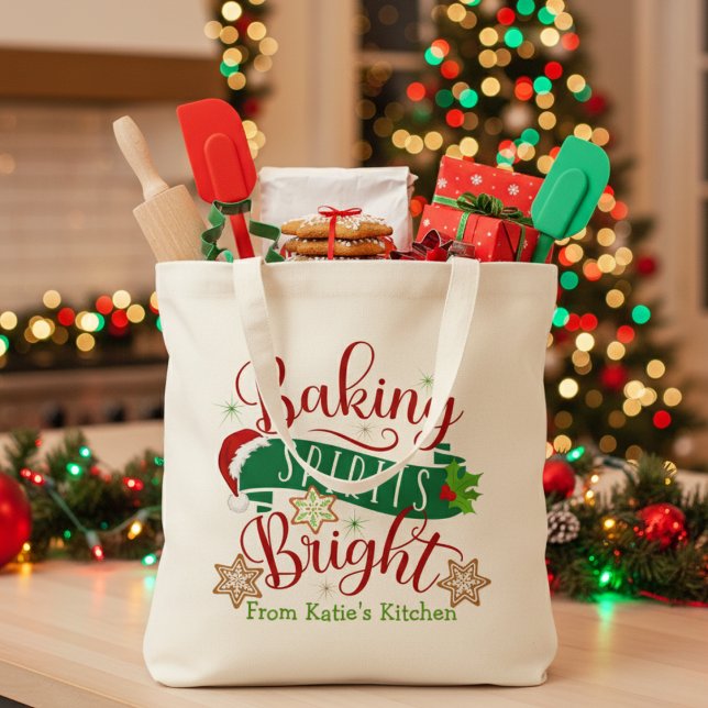 Helgdag för att få fram sprit med ljus Anpassnings Tygkasse (Baking Spirits Bright Festive Custom Holiday Tote Bag. Just add your name or special text.)