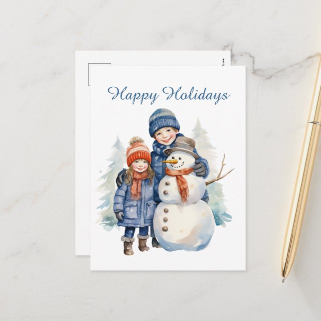 Helgdag för att lägga till vattenfärg för snögubbe helg vykort (Fram/Back In Situ)