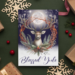 Helgdag för bläddrat Yule Winter Solstice Stag Helgkort