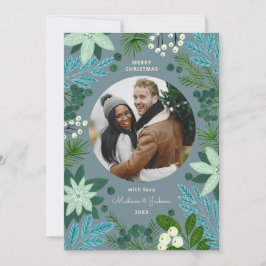 Helgdag för blått julfoto för blommigt julkort