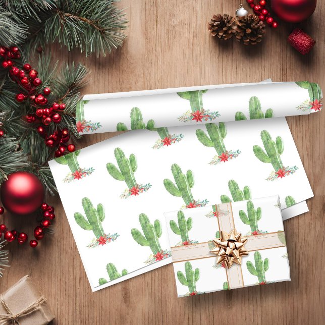 Helgdag för Blommigt av Rustic-julaktus Presentpapper (Rustic Christmas Cactus Floral Holiday Wrapping Paper)