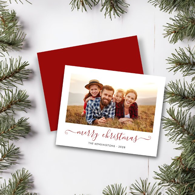 HELGDAG för BUDGET Red Script God jul (BUDGET Red Script Merry Christmas Holiday Photo Card)