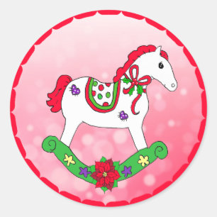 Helgdag för Cute jul Rocking Horse Runt Klistermärke