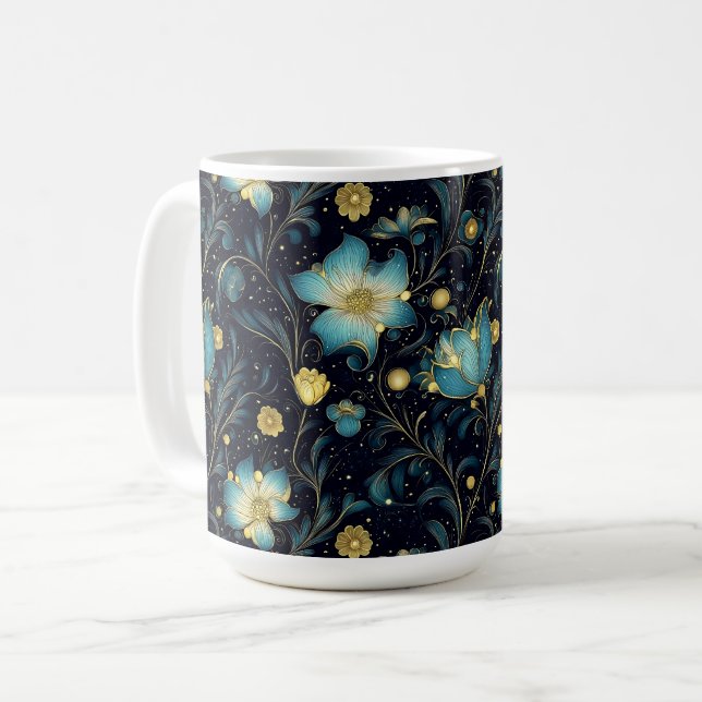 Helgdag för elegant Blue & Guld Blommigt Kaffemugg (Framsida vänster)