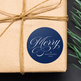 Helgdag för elegant Merry Calligraphy Script Navy Runt Klistermärke