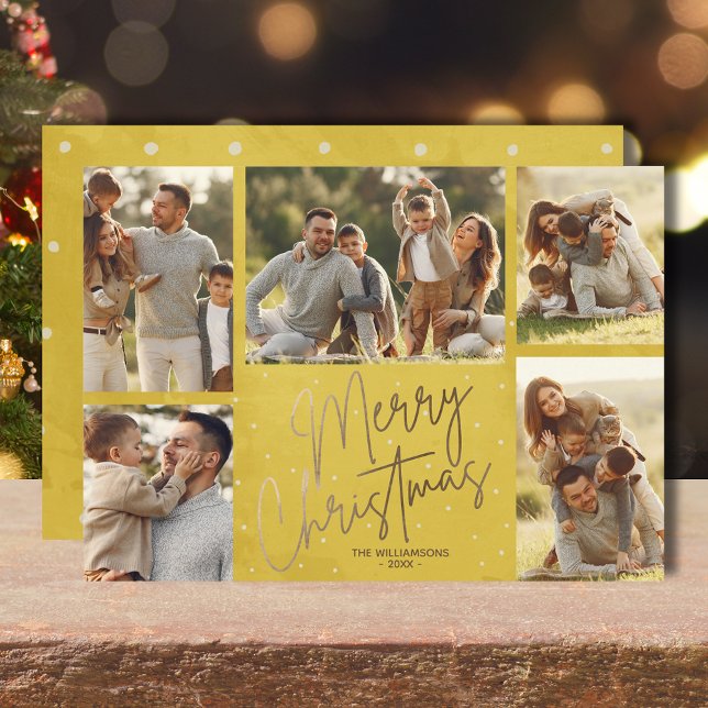 Helgdag för fem foton i Guld God jul Julkort (Gold faux foil Merry Christmas five photos flat gold holiday cards with your greeting on the back)