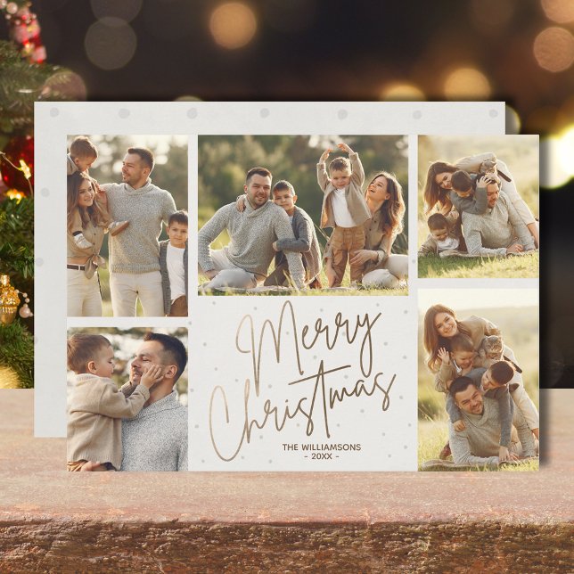 Helgdag för fem foton i Guld God jul Julkort (Gold faux foil Merry Christmas five photos flat holiday cards with your greeting on the back)