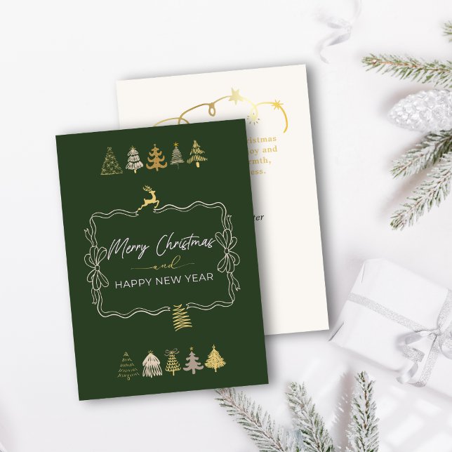 Helgdag för Festive Bow & Chic Träd Doodle-Grönt Julkort (Festive Bow & Chic Trees Doodle Green Holiday Card)