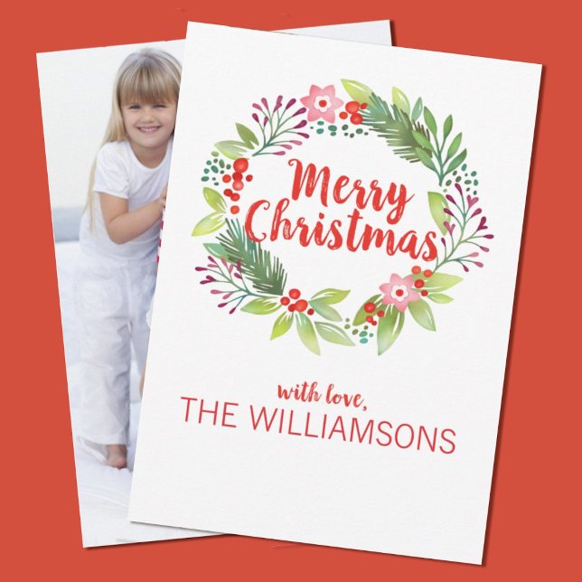 Helgdag för fotoport för elegantens julkrans julkort (Add your family photo to this elegant watercolor wreath Christmas card.)