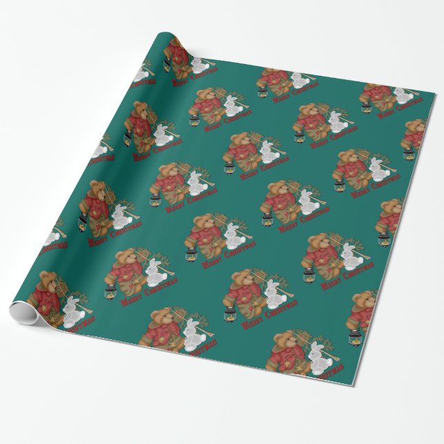 Helgdag för god jul Bear Grönt Wrapping Papper Presentpapper (Utrullad)