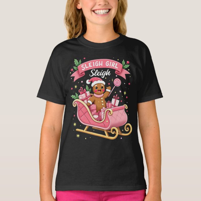Helgdag för julgodis Sleigh Girl Gingerbröd T Shirt (Framsida)