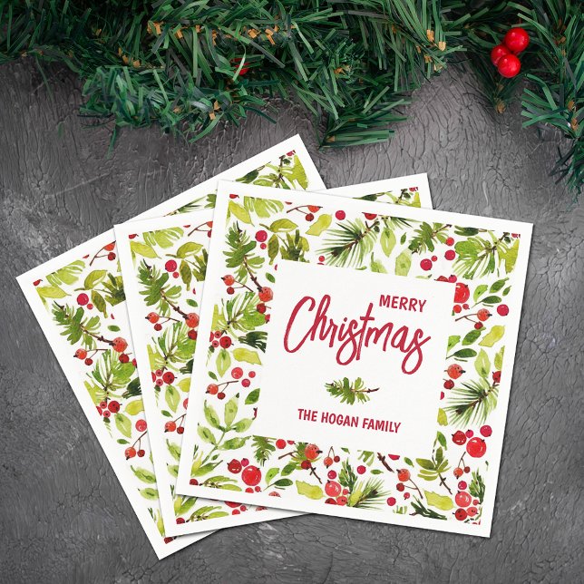 Helgdag för julgranen Greenery Berries Pappersservett (Personalized Merry Christmas napkins with greenery and berries)