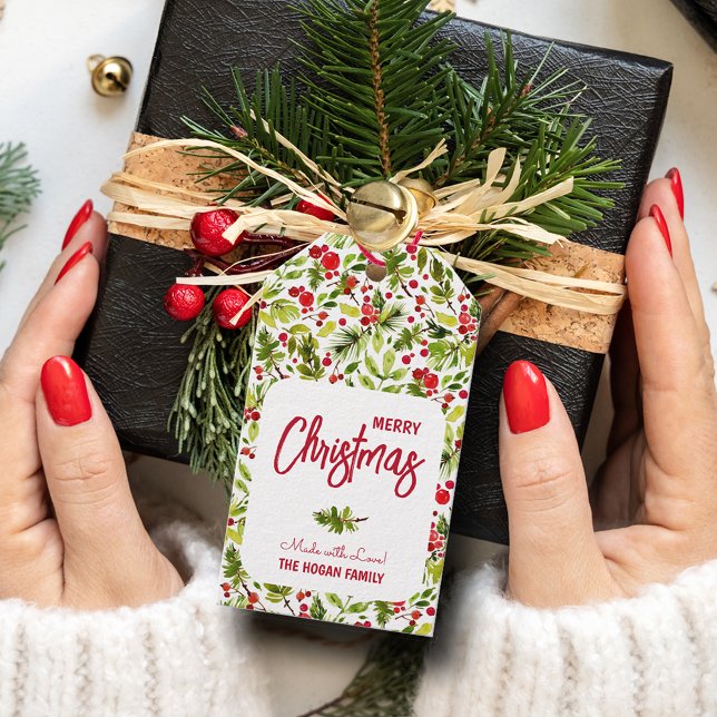 Helgdag för julgranen Greenery Berries Presentetikett (Christmas greenery and red berries holiday favor Made with Love gift tags)