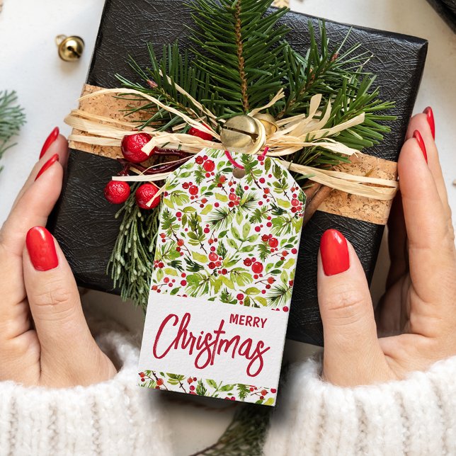 Helgdag för julgranen Greenery Berries Presentetikett (Merry Christmas Gift Tags with greenery and red berries, To and From on the back)