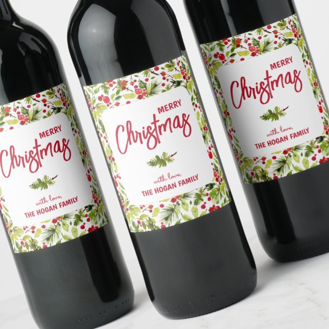 Helgdag för julgranen Greenery Berries Vinflaska Etikett (Watercolor berries and greenery on personalized Christmas wine bottle labels)