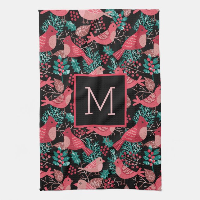 Helgdag för julvinter Red Bird Berries Kökshandduk (Vertikal)