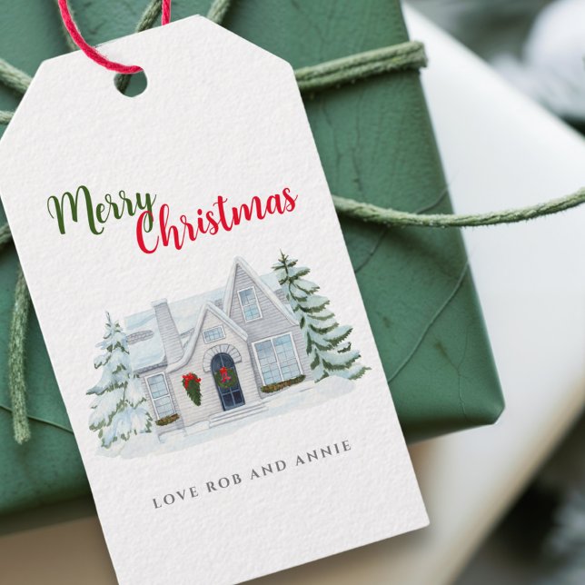 Helgdag för julvinter-scenen i jordbrukshuset presentetikett (Skapare uppladdad)