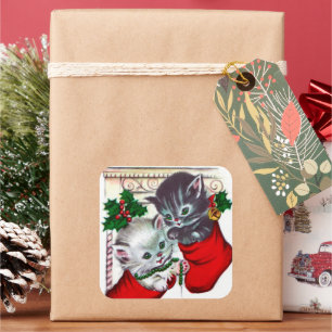 Helgdag för retro-vintage för julkatter fyrkantigt klistermärke