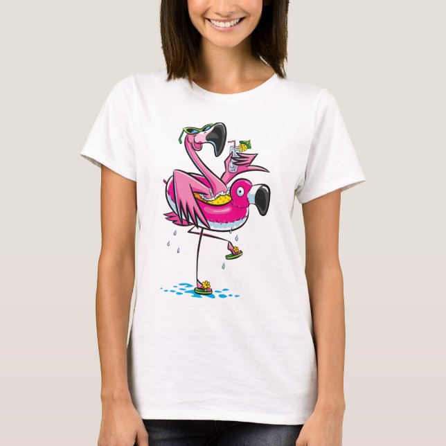 Helgdag för sommar för Flamingodrinkvin tropisk T Shirt (Framsida)