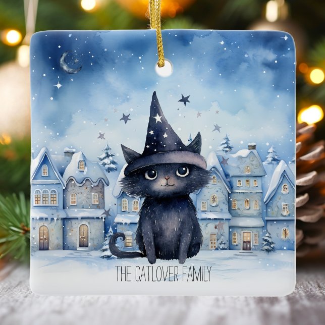 Helgdag för svartmålsvarvklocksfamiljen i anpassni julgransprydnad keramik (Blue Magical Wizard Black Cat Watercolor Christmas Ceramic Ornament)