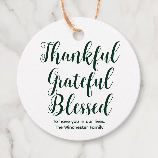 Helgdag för tacksamt skript för välsignad grönt gåvor etiketter (Framsida)