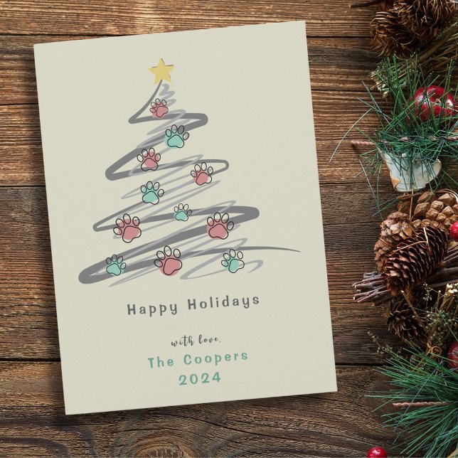 Helgdag för utskrift av ornament i Julgran Paw Julkort (Happy Holidays! Festive Christmas Tree with cute paw print ornaments. Simple and modern Xmas card!)