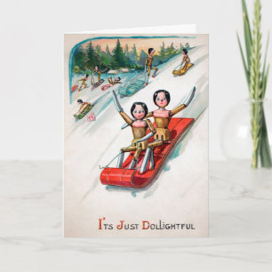 Helgdag för vintage Sleding Wooden Dolls Helgkort