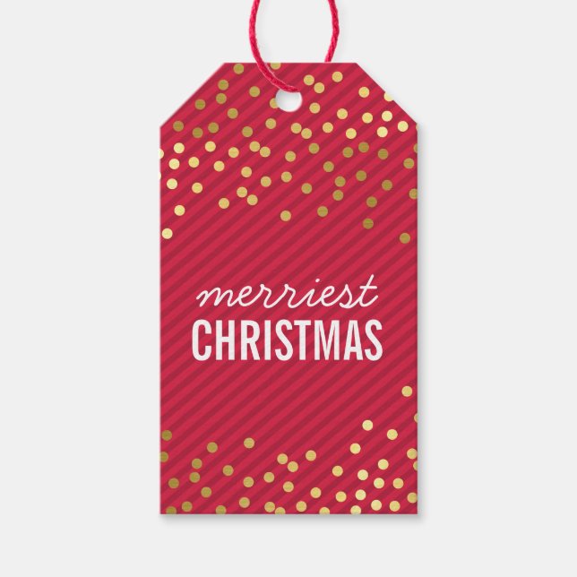 HELGDAG FÖRPACKNING MÄRKRE guld fläckar röd rand Presentetikett (Framsidan)