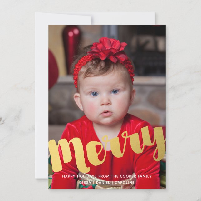 Helgdag-fotokort för Guld Merry-skript Julkort (Framsida)