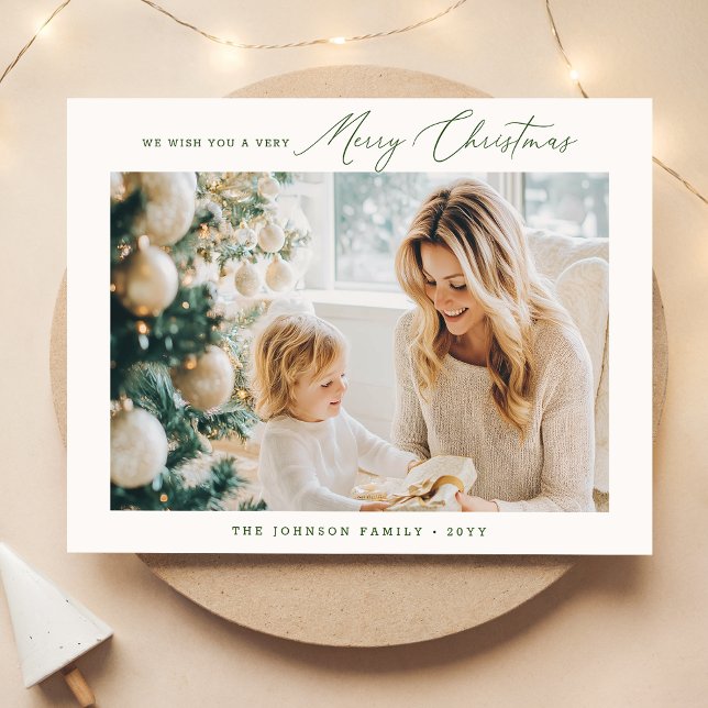 Helgdag fotovykort | Grönt Modern jul Vykort (Skapare uppladdad)