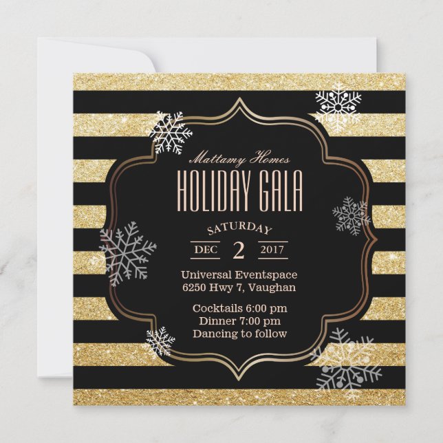 Helgdag Gala Black & Guld Rand Snöflingor Inbjudningar (Framsida)