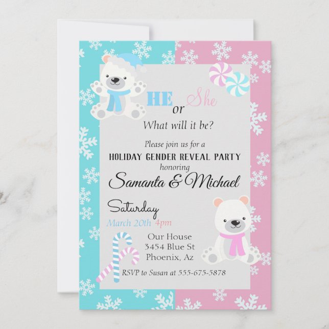 Helgdag Gender Baby Reveal Party Polar Bear Inbjudningar (Framsida)