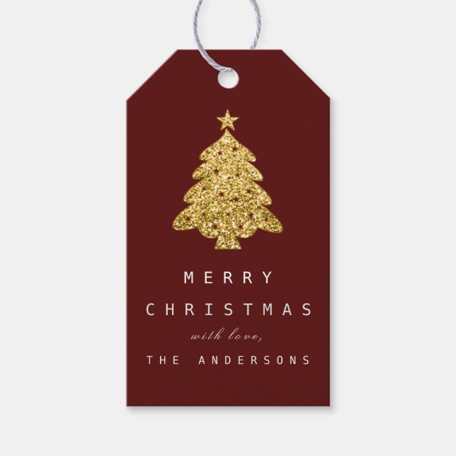 Helgdag Gift Märkre Burgundy Guld Julgran Presentetikett (Framsidan)