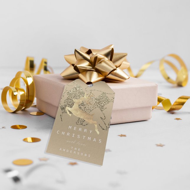 Helgdag Gift Märkre Grått Ivory Guld Reindeer Presentetikett (Holiday Gift Tag Gray Ivory Gold Reindeer)