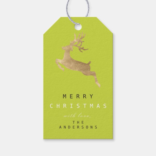 Helgdag Gift Märkre Limon Grönt Guld Reindeer Presentetikett (Framsidan)