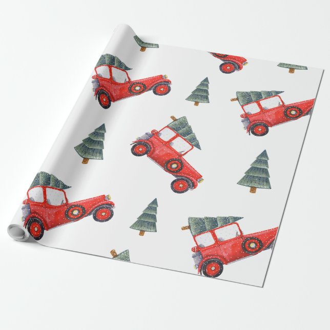 Helgdag Gift Wrap Red Car och Julgran Presentpapper (Utrullad)