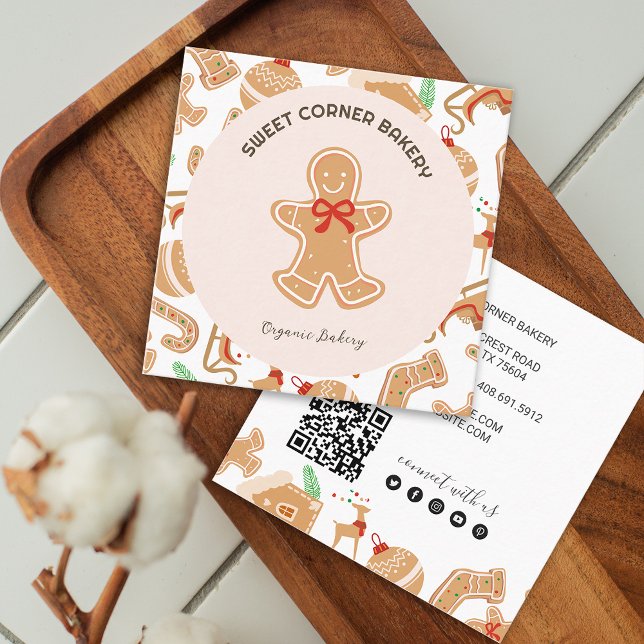 Helgdag Gingerbröd Bakery QR-kod Fyrkantigt Visitkort (Holiday Gingerbread Xmas Bakery Square Business Card)