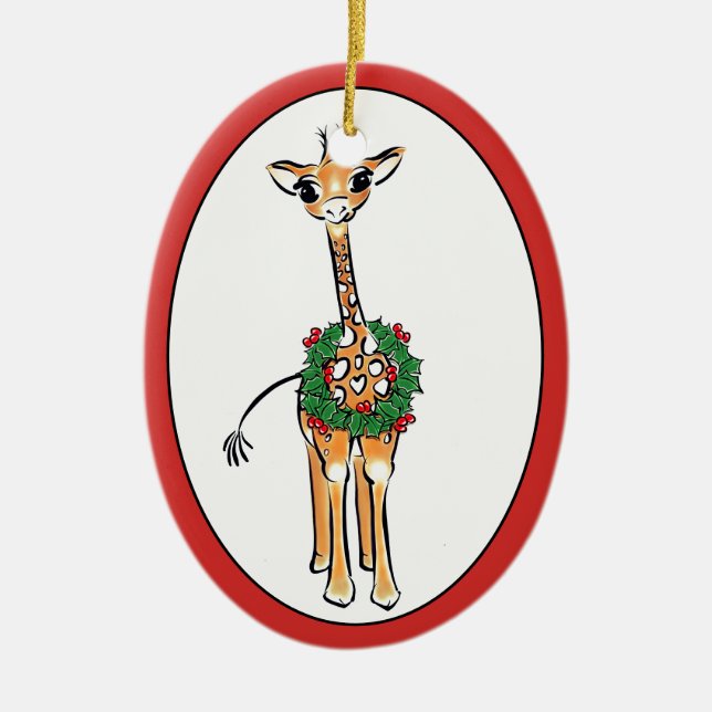 Helgdag Giraffe- grönt och röd Holly- andedräkt Julgransprydnad Keramik (Framsidan)