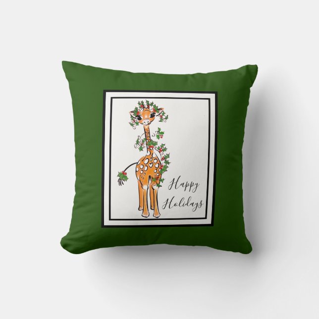 Helgdag Giraffe- red och grönt Holly Kudde (Framsida)